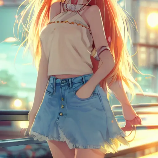 Image similar to a very beautiful anime girl, full body, long golden hair, sky blue eyes, full round face, short smile, mini jeans skirt, cute top, urban setting, cinematic lighting, medium shot, mid-shot, highly detailed, trending on Artstation, Unreal Engine 4k, cinematic wallpaper by Stanley Artgerm Lau, WLOP, Rossdraws, James Jean, Andrei Riabovitchev, Marc Simonetti, and Sakimichan