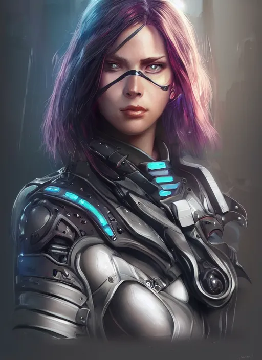 Image similar to portrait of cyberpunk girl with a biomechanic crest, illutration by Artgerm, highly detailed, trending on artstation