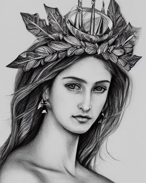 Image similar to pencil drawing of a beautiful greek goddess aphrodite wearing a laurel wreath and arrowhead earrings, beautiful and confident eyes, beautiful flowing hair, hyper realistic face, fantasy, amazing detail, epic, elegant, smooth, sharp focus, from the front, long shot