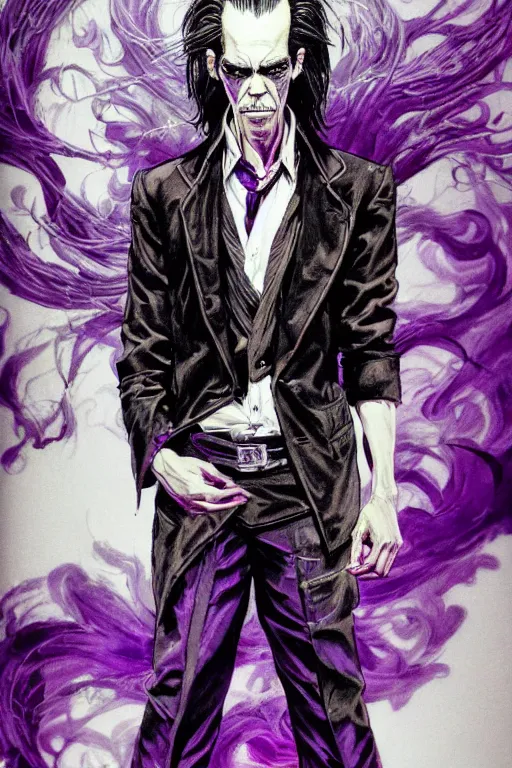 Image similar to full body portrait of nick cave with a lot of purple smoke coming out of his mouth, concept art, sumi - e style, intricate linework, artstation, trending, highly detailed, smooth, focus, art by yoji shinkawa and glenn fabry,