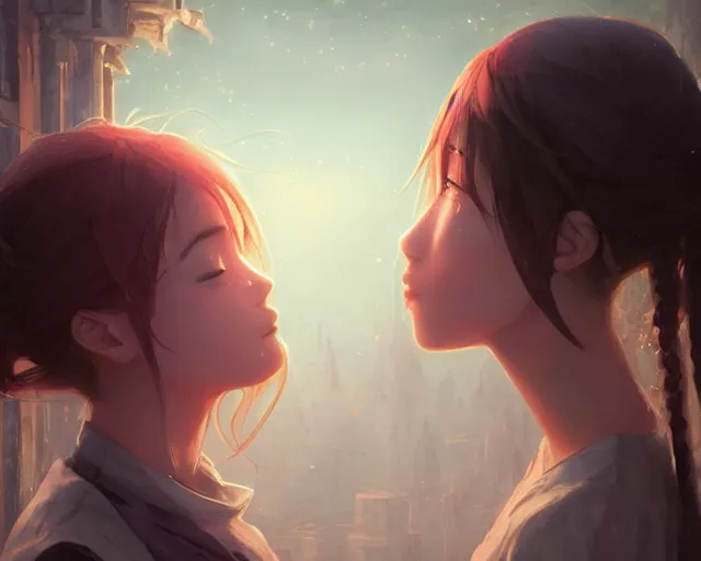 Image similar to two beautiful girls kissing, sharp details, sharp focus, elegant, highly detailed, illustration, by jordan grimmer and greg rutkowski and pine ( ハイネ ) and 薯 子 imoko and 香 川 悠 作 and wlop and maya takamura, intricate, beautiful, trending artstation, pixiv, digital art