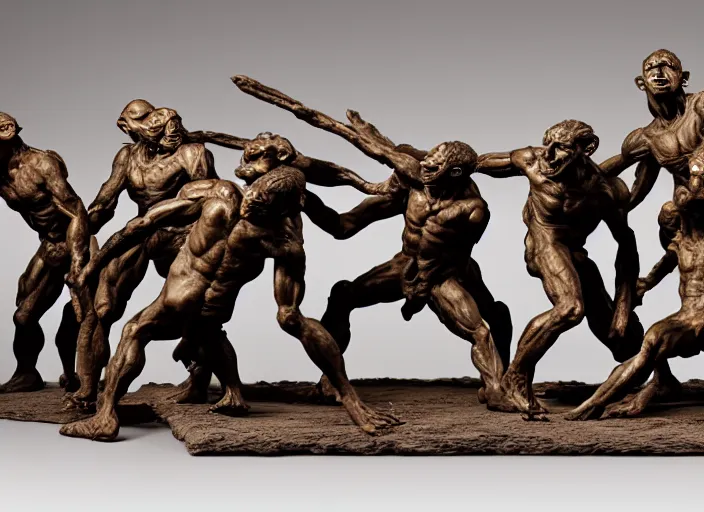 Image similar to a full figure rubber sculpture of a group of fighting goblins, by Michelangelo, dramatic lighting, rough texture, subsurface scattering, wide angle lens