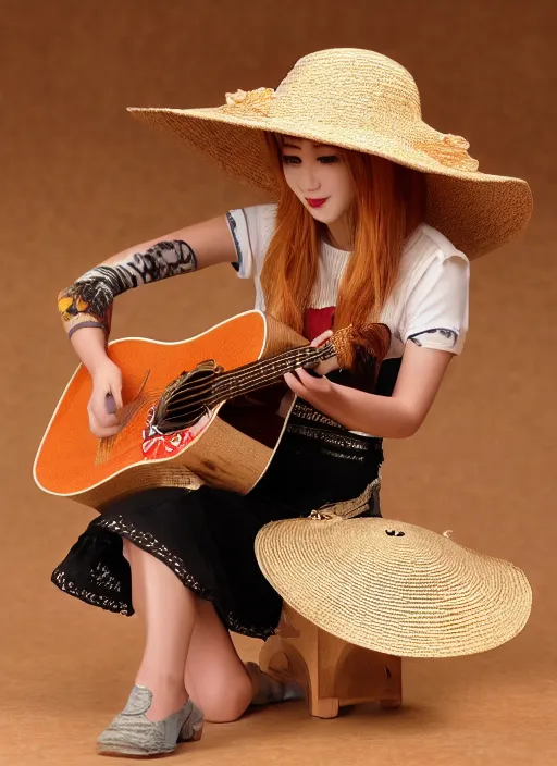 Image similar to Fine Image on the store website, eBay, Full body, 80mm resin figure of a Straw hat cute girl playing guitar, environmental light from the front