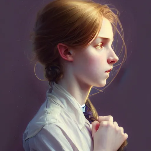 Image similar to portrait of a scottish teenage girl with dark blonde hair, glowing skin, delicate features, nerdy, fantasy, intricate, elegant, dress shirt, highly detailed, digital painting, artstation, concept art, smooth, sharp focus, illustration, art by Krenz Cushart and Artem Demura and alphonse mucha