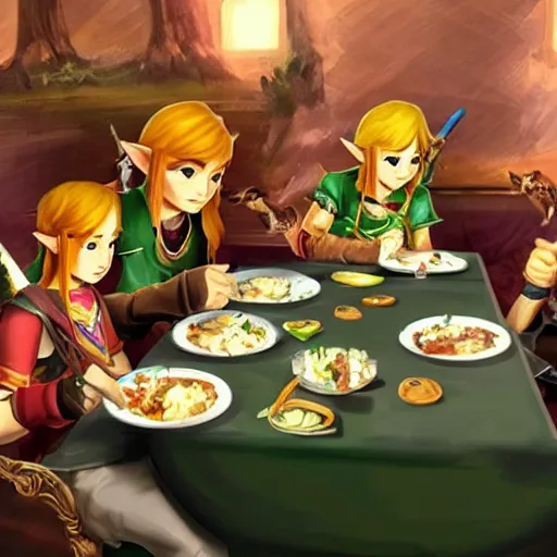 Prompt: [ [ [ [ [ zelda ] ] ] ] ] cdi king of hyrule eating dinner