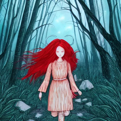 Image similar to a ultra detailed illustration of a red + haired + girl wandering alone in a mysterious forest in the style of thomke meyer and julia plath, on instagram, intricate, fantasy, hyperdetailed