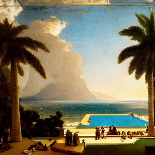 Image similar to The biggest palace ever made, thunderstorm, greek pool, beach and palm trees on the background major arcana sky, by paul delaroche, hyperrealistic 8k, very detailed