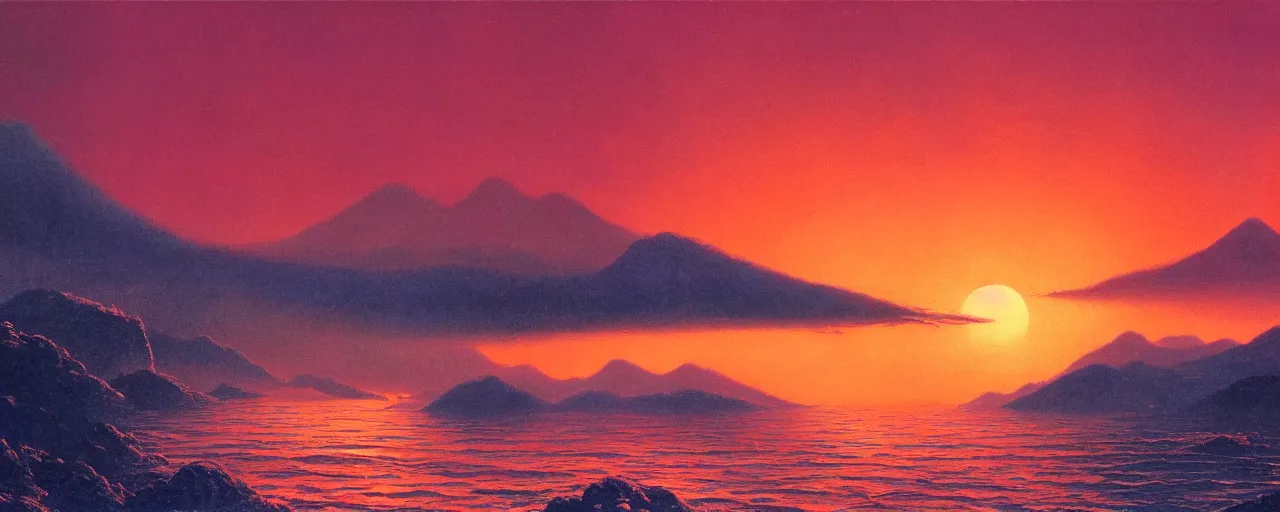 Image similar to awe inspiring bruce pennington landscape, digital art painting of 1 9 6 0 s, japan at night, red sunset, 4 k, 8 k, detailed
