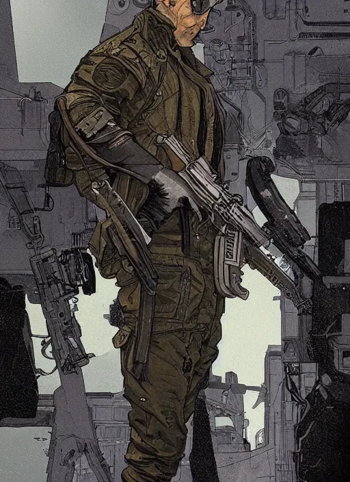 Prompt: the russian. cyberpunk assassin in military vest and jumpsuit. portrait by ashley wood and alphonse mucha and laurie greasley and josan gonzalez. illustration, pop art, cinematic. realistic proportions. moody industrial setting. artstationhq. smooth. sharp focus.