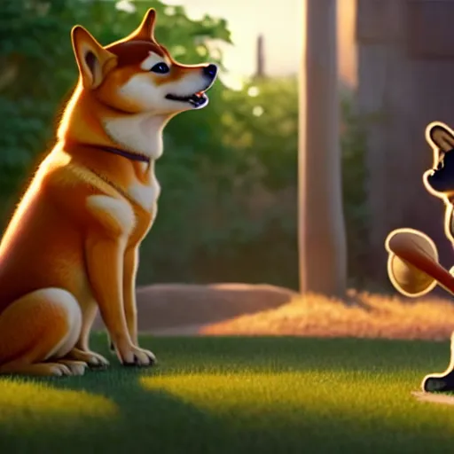 Image similar to weta disney pixar movie still photo of funny shiba inu with baseball bat : : shiba inu by pixar : : giant sign that says bonk : : by weta, greg rutkowski, wlop, ilya kuvshinov, rossdraws, artgerm, octane render, iridescent, bright morning, anime, liosh, mucha : :