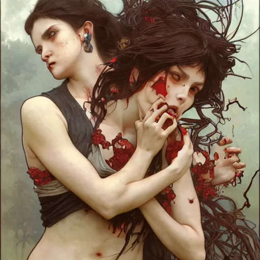 Image similar to two angry zombie girls attacking each other, intricate, art by artgerm and greg rutkowski and alphonse mucha and william - adolphe bouguereau, high detailed, 4 k,