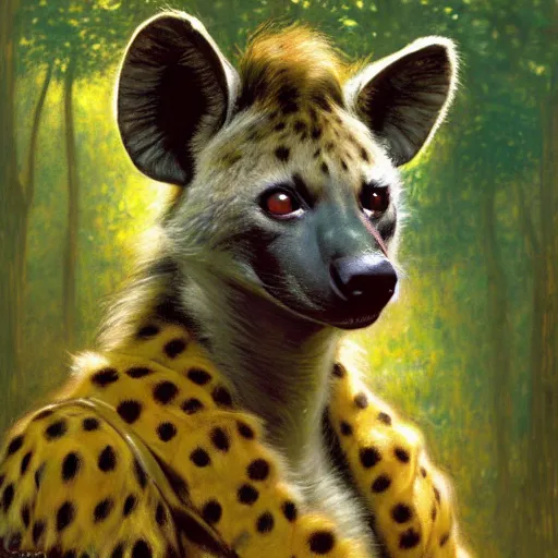 Image similar to a female hyena hyenawoman canine in robes alone in a dark forest. night zootopia fursona furaffinity furry art detailed face painting by gaston bussiere craig mullins jc leyendecker gustav klimt artgerm greg rutkowski furry