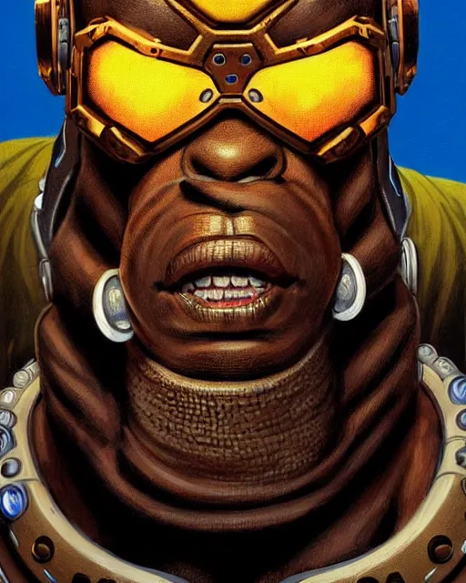 Image similar to doomfist from overwatch, aggressive expression, elegant, leopard print, character portrait, portrait, close up, concept art, intricate details, highly detailed, vintage sci - fi poster, retro future, in the style of chris foss, rodger dean, moebius, michael whelan, and gustave dore