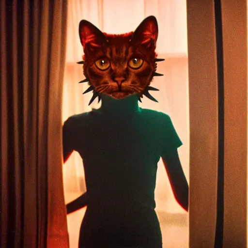 Image similar to alien with cat ears in soviet apartment, top secret style, realistic photo, cinestill 8 0 0 t, 1 9 7 0 s, color