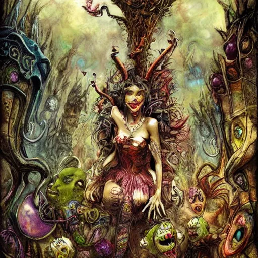 Image similar to monsters in alice in wonderland tripping on ayahuasca with faces in the background, intricate detail, painting, royo, frazetta, whealan,