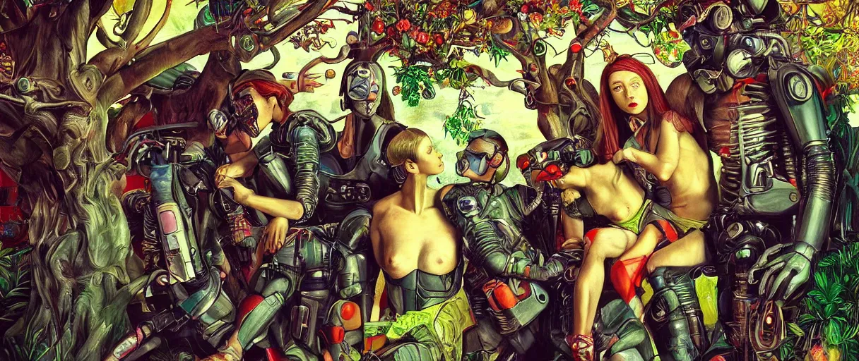 Prompt: hyperdetailed photorealistic cyborgs under a big tree, eating interesting elaborate fruits. in the style of Caravaggio and Paul Gauguin, with liberty cyberpunk and flemish baroque mixed media elements. soft pastel tones. matte background HD 8x