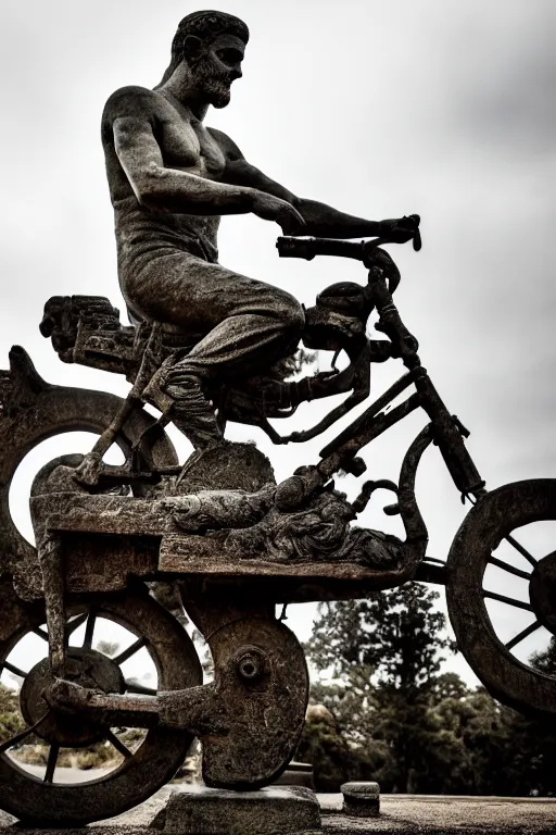 Image similar to photo of the ancient statue of biker on the ancient bike, symmetrical, cinematic, real dlsr photography, sharp focus, 4 k, ultra hd, sense of awe, archeology journal cover