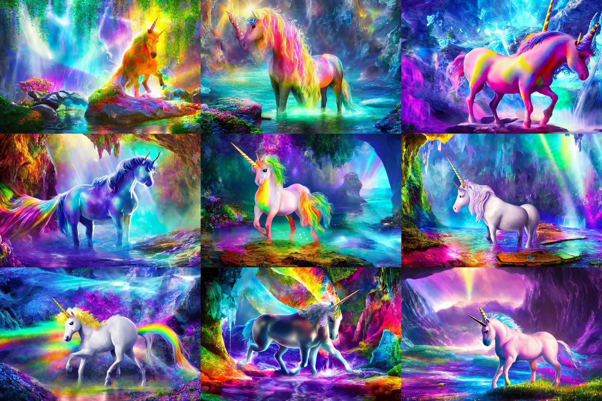 Prompt: a unicorn on a colourful crystal cave, with a single luminous water stream, god rays, luminous crystal, fantasy theme, colourful crystal, fairy theme, realistic, ultra-detailed, cinematic, movie concept art, matte painting, photo-realistic, photography, detailed, atmospheric, 8k