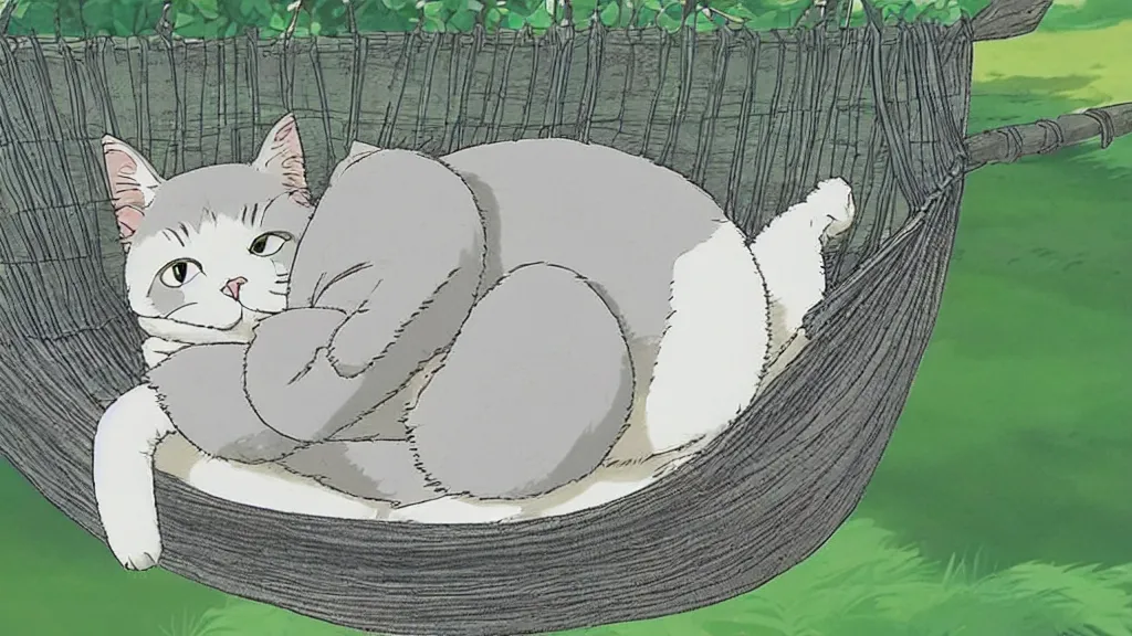 Image similar to grey american shorthair cat sleeping in a hammock, animated still, by studio ghibli, by hayao miyazaki