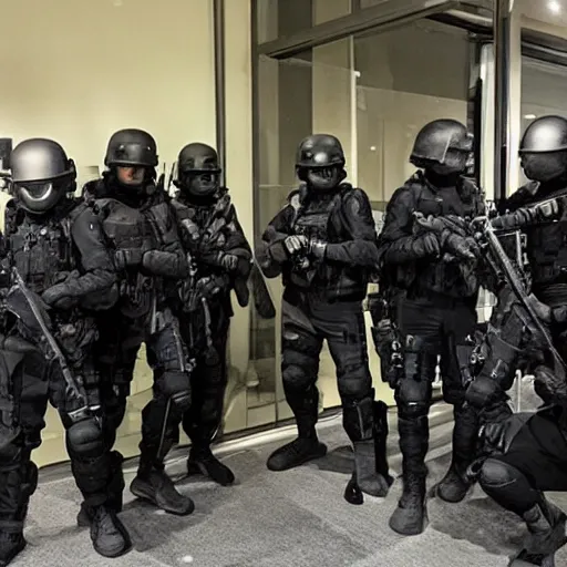 Image similar to An elite swat team in a dark hotel