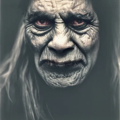 Image similar to a realistic photograph of a orc taken by sally mann, portrait, foggy, hazy, dull colors, detailed, bleak, 70mm