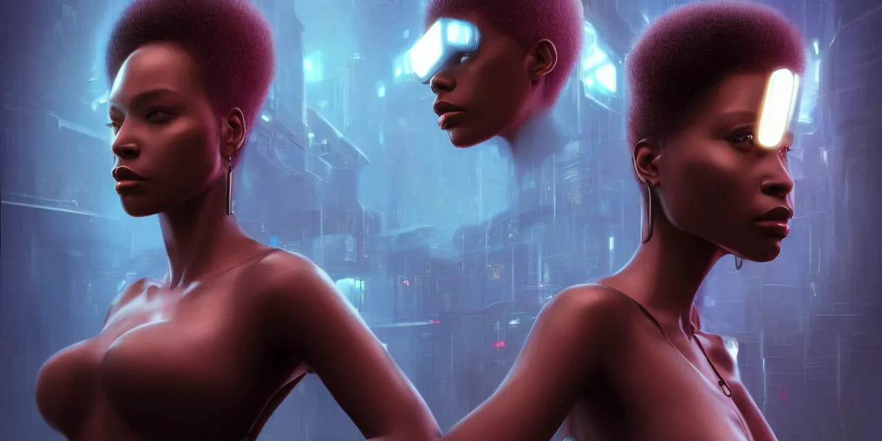 Image similar to a beautiful african american woman, Blade runner artifacts, electronic case display, cyberpunk tech, ultrarealistic, futuristic, three point lighting, dramatic lighting, electrical details, high details, 4k, 8k, best, accurate, trending on artstation, artstation, photorealism, ultrarealistic, digital painting, style of Wayne Barlowe, Caravaggio, Dali, Boris Vallejo, Hajime Sorayama