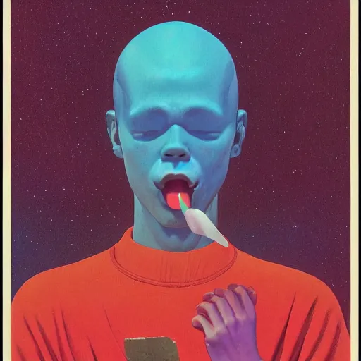 Image similar to a scifi closeup portrait of a young british man licking a blotter paper of LSD acid on his tongue and dreaming psychedelic hallucinations in cosmos, by kawase hasui, moebius, Edward Hopper and James Gilleard, Zdzislaw Beksinski, Steven Outram colorful flat surreal design, hd, 8k, artstation