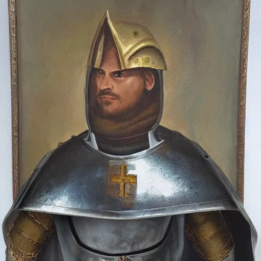 Prompt: man in 15 century decorated crusader armor and cape with crusader insignia oil painting realistic