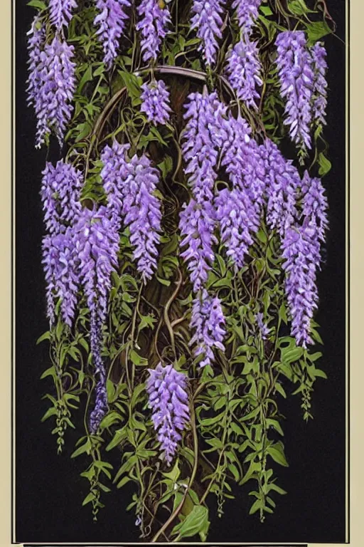 Prompt: Art Nouveau Wisteria plant isolated on a black background, D&D, fantasy, highly detailed, digital painting, artstation, concept art, sharp focus, illustration, art by artgerm and greg rutkowski and alphonse mucha