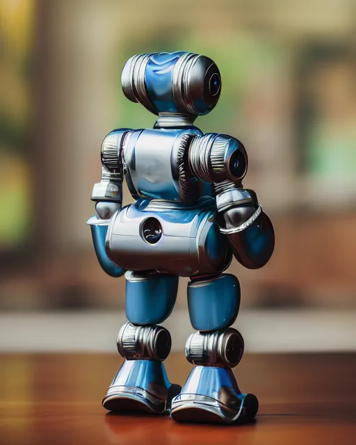 Image similar to high quality presentation photo of a retro toy robot, photography 4k, f1.8 anamorphic, bokeh, 4k, Canon, Nikon