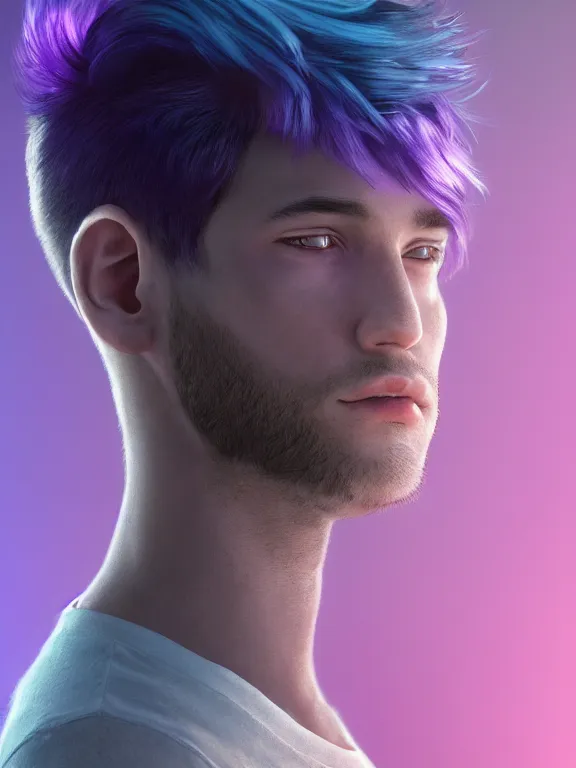 Image similar to Portrait art of a young man with purple hair and cat ears floating on a cloud, 8k, ultra realistic , lens flare, atmosphere, glow, detailed, intricate, full of colour, cinematic lighting, trending on artstation, 4k, hyperrealistic, focused, extreme details, unreal engine 5, cinematic, masterpiece