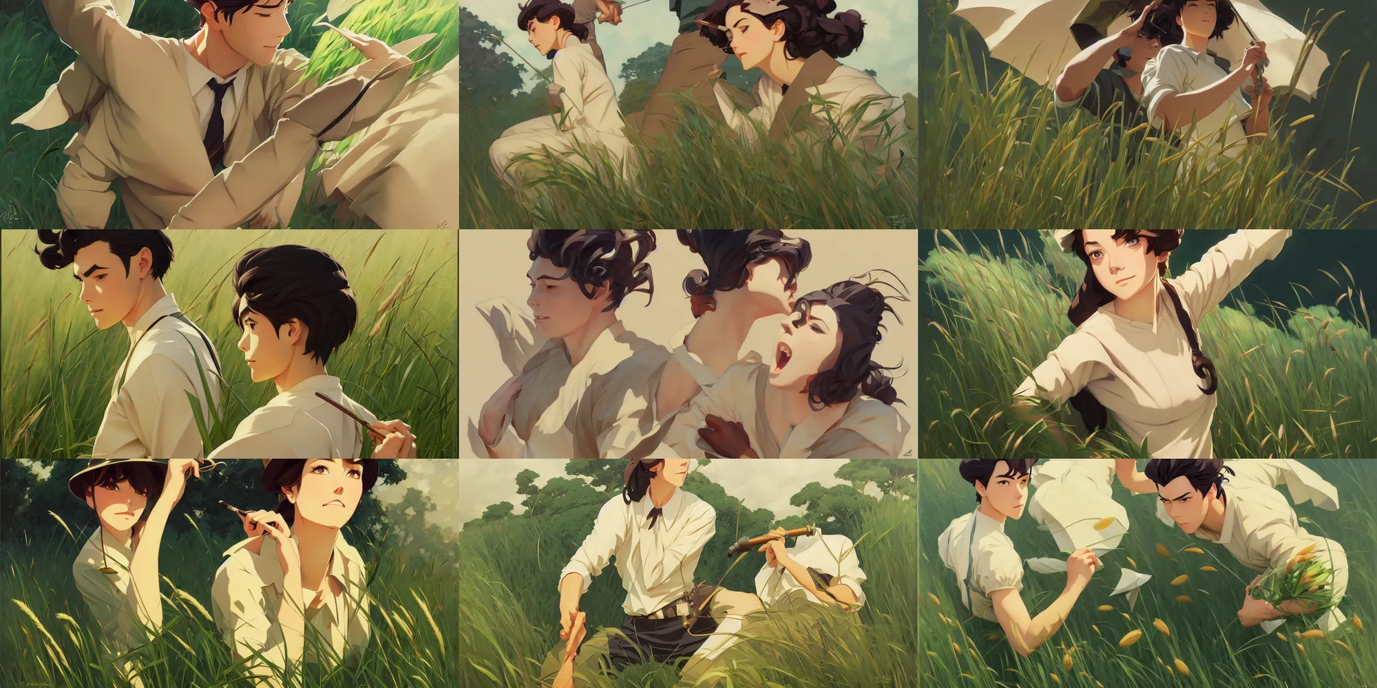 Prompt: grass, male, in the style of studio ghibli, j. c. leyendecker, greg rutkowski, artgerm