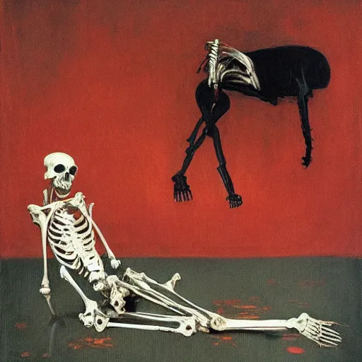 Prompt: dark figure walking a skeletal dog by Francisco Goya and Francis Bacon, vibrant red background, mythological painting, oil painting, triadic color scheme, very coherent, Figure laughing seated on a throne made out of a whale skeleton inside interior room, Beksinski painting, masterpiece, artstation