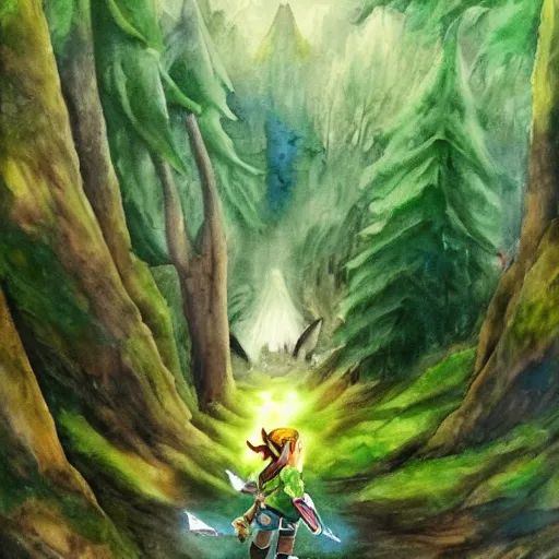 Prompt: link from the legend of zelda walking through a tunnel in the shape of the triforce with a beautiful forest spreading beyond , watercolor painting, trending on artstation