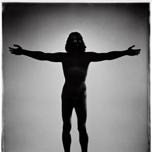 Prompt: photo of Jesus Christ by Diane Arbus, black and white, high contrast, Rolleiflex, 55mm f/4 lens