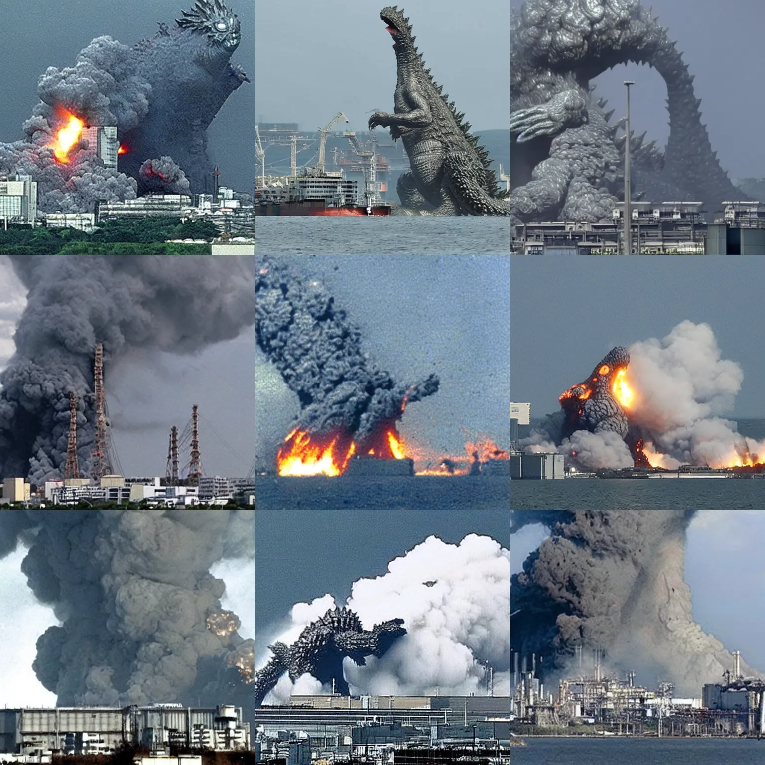 Prompt: fukushima daiichi unit 4, attacked by godzilla