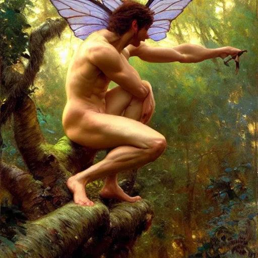 Image similar to attractive male fairy with wings in the forest, posing. highly detailed painting by gaston bussiere, craig mullins, j. c. leyendecker, 8 k