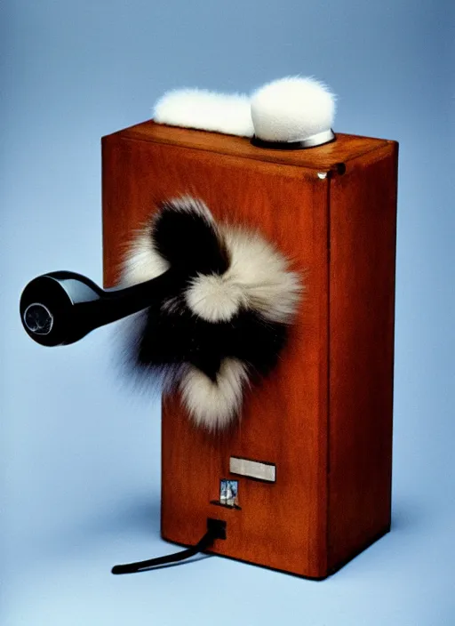 Image similar to realistic photo of a a medieval ritual chemistry appliance hairdryer, made of wood white clay and fur with black wires 1 9 9 0, life magazine reportage photo, natural colors, metropolitan museum collection