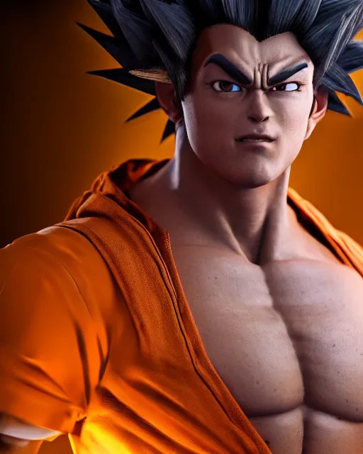 Image similar to 3 d high octane render, 8 k cgi, unreal engine, photorealistic goku, portrait, dynamic lighting, photorealistic, unreal engine, octane, ultra detailed, detailed faces, hd quality