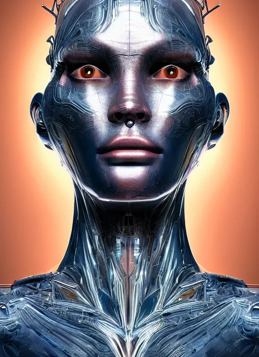 Image similar to beautiful portrait of an alien cyborg, deus ex machina, style of Feng Zhu, Artstation geometric, aesthetic, big eyes, smooth skin, unique features, symmetrical, intricate crown, volumetric lighting, streetwear, cyberpunk, detailed, octane render, cinematic, 8k, brown skin, retro sci fi film, Stanisław Szukalski + Moebius,