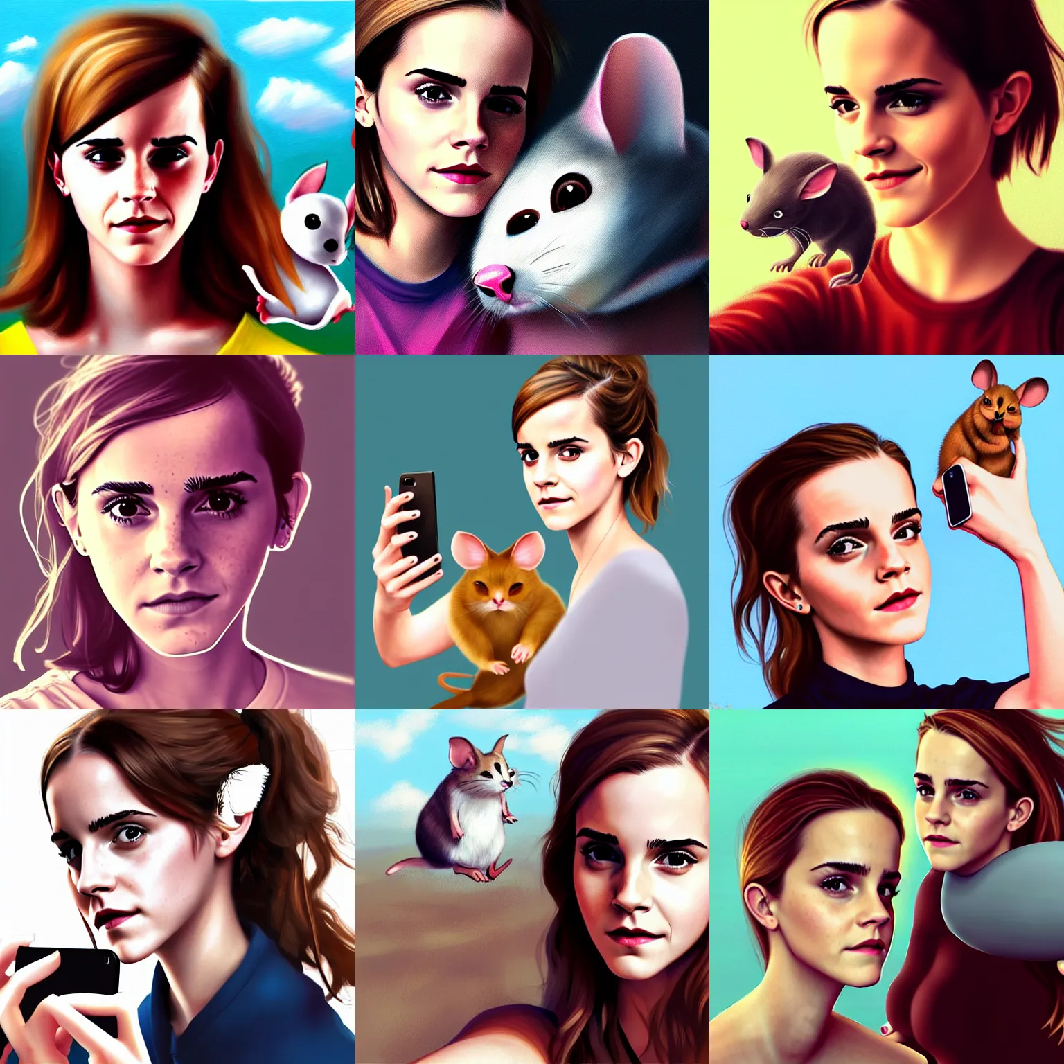 Prompt: emma watson taking a selfie with a giant mouse, digital painting, artstation