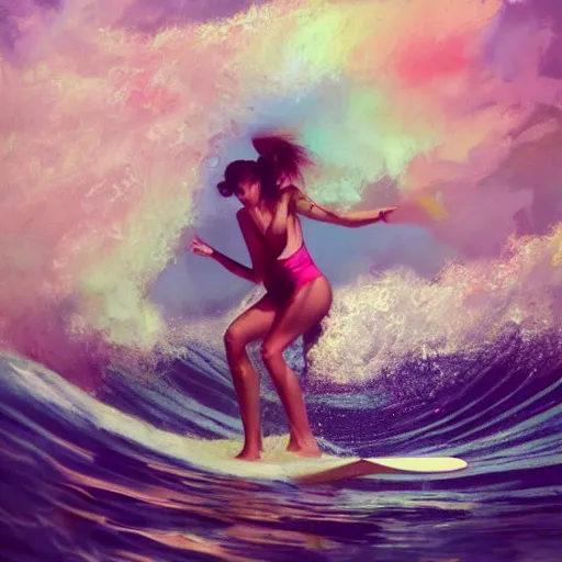 Prompt: A colorful portrait painting of a beautiful female surfing on a beautiful wave in Hawaii by Oleg Oprisco and Mark Arian, trending on artstation