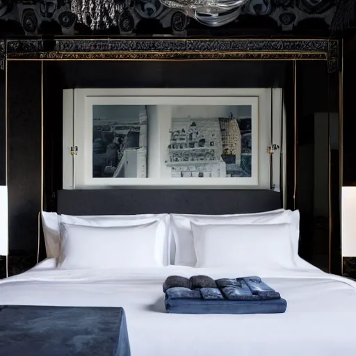 Image similar to bedroom at extremely expensive hotel in london. high - fashion boutique hotel. minimalist decor. detailed beautiful photography.