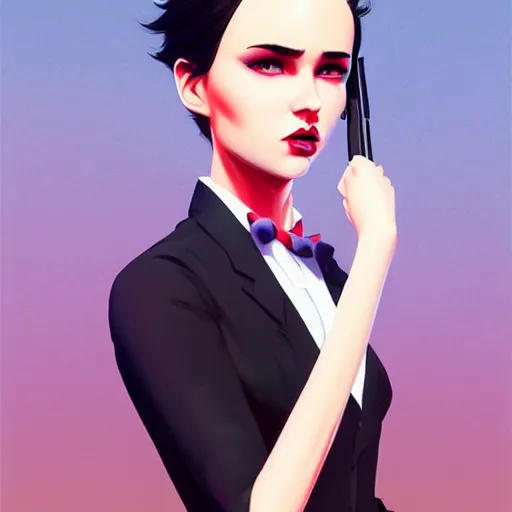 Image similar to young professional killer female in black tuxedo, stained with blood, muted colors, matte print, pastel colors, 2d, ultra highly detailed, smooth, sharp focus, digital art, digital painting, fan art, elegant, artstation, head is centered, by Ilya Kuvshinov