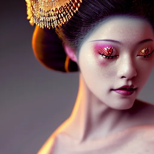 Image similar to photographic portrait of a stunningly beautiful renaissance female with geisha makeup in soft dreamy light at sunset, contemporary fashion shoot, by edward robert hughes, annie leibovitz and steve mccurry, david lazar, jimmy nelsson, breathtaking, 8 k resolution, extremely detailed, beautiful, establishing shot, artistic, hyperrealistic, beautiful face, octane render