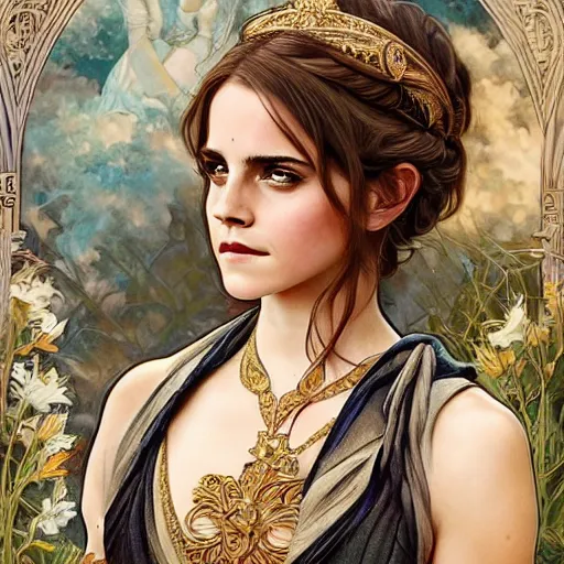 Prompt: Emma Watson as a Greek Goddess, cute, fantasy, intricate, elegant, highly detailed, digital painting, 4k, HDR, concept art, smooth, sharp focus, illustration, art by artgerm and H R Giger and alphonse mucha