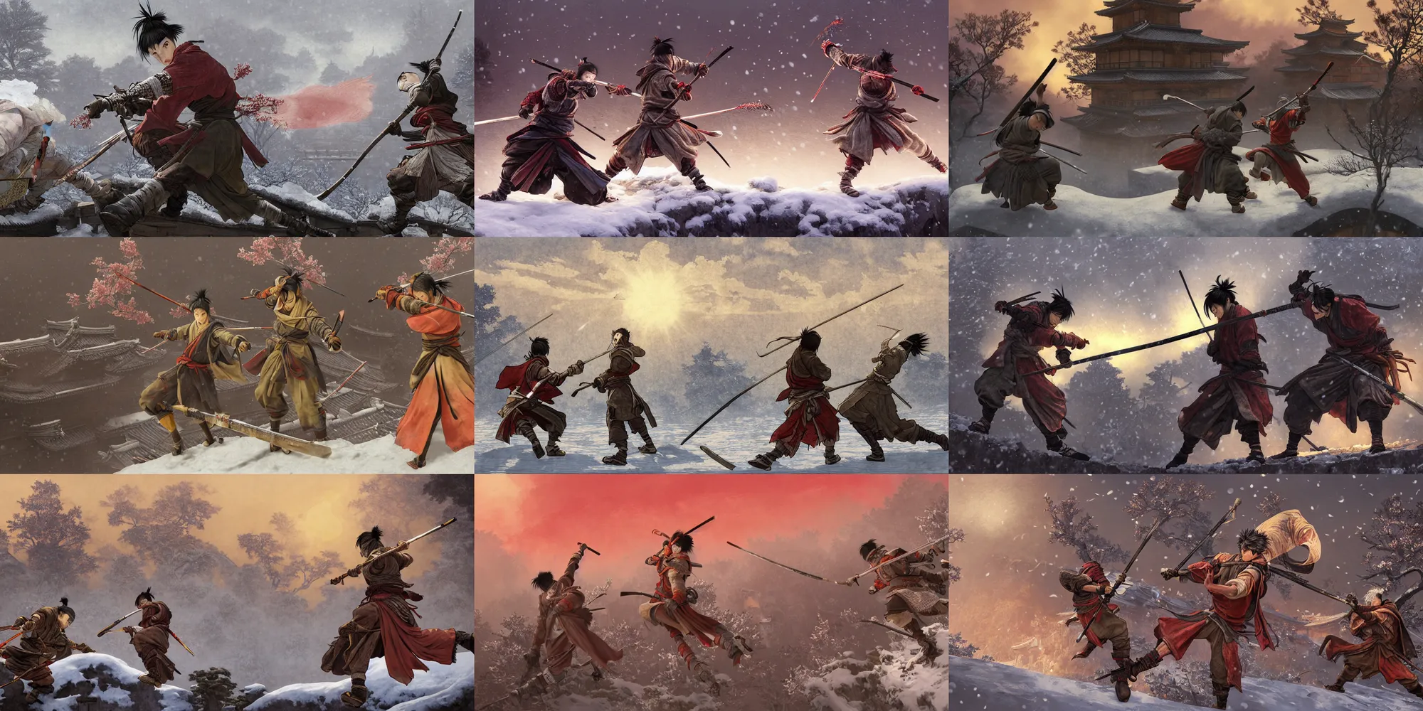 Prompt: Two characters from the game Sekiro in a duel on the rooftops, action poses with weapons, ancient Japanese architecture, giant cherry trees, winter, snowy, god rays, bloom, volumetric fog, moody ambiance, cinematic lighting, twilight, sunset, rose and lavender and amber tones, Bouguereau, Maxfield Parrish, Alphonse Mucha, fantasy, portfolio illustration, highly detailed, trending on Artstation, CGsociety, HQ, 8k, 35mm lens, f2.8, Bokeh,