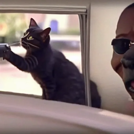 Image similar to a still of the cat shootout from the buddy cop movie beverly hills cat 2, with eddie murphy