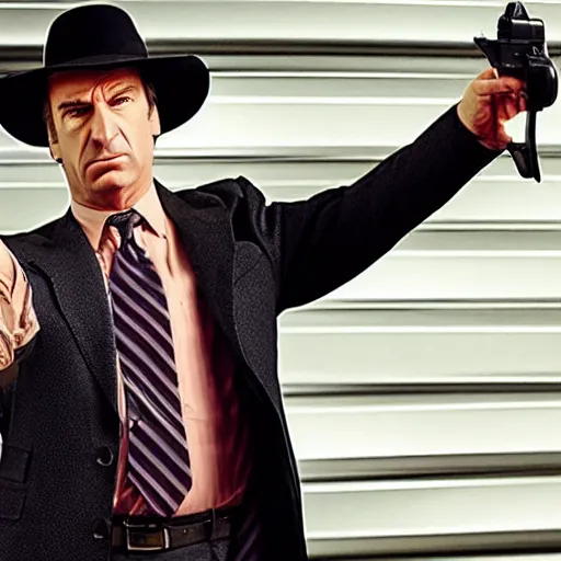 Prompt: saul goodman pointing a revolver at the camera