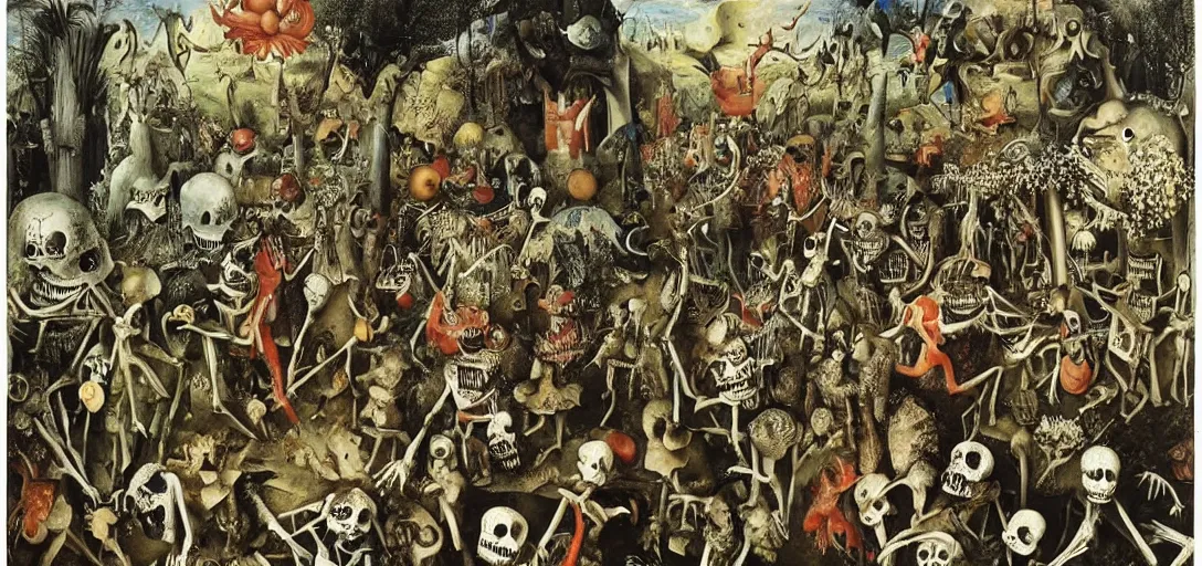 Prompt: Skeletons walking through the garden of earthly delights, hyper-surrealism, highly detailed and intricate matte painting by Max Ernst, Hieronymus Bosch and Giuseppe Arcimboldo